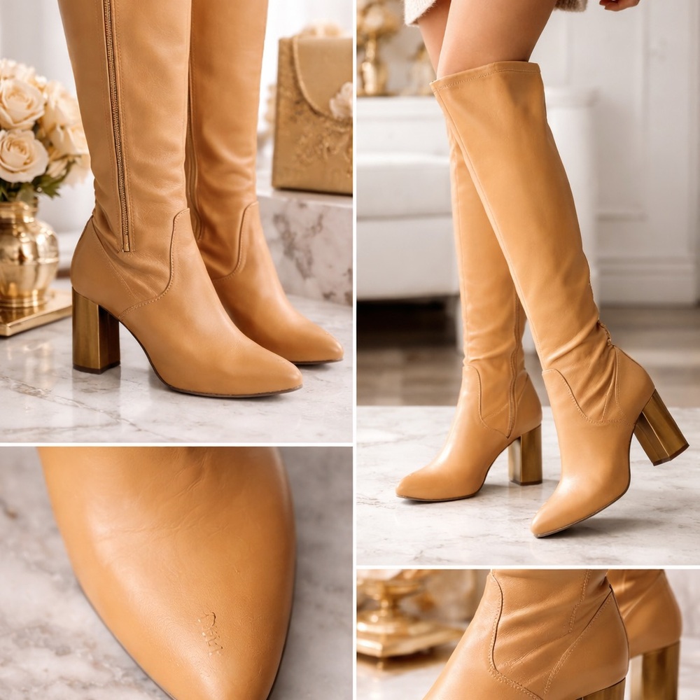 Franco Sarto Camel Knee-High Boots – Gold Block Heel – Size 8
